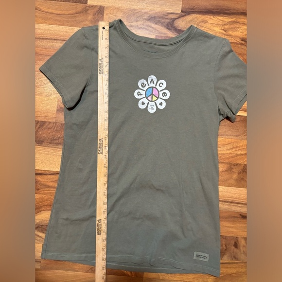 Life is Good Moss Green Peace Flower Long Women T Shirts Women’s Size Medium - Picture 5 of 7